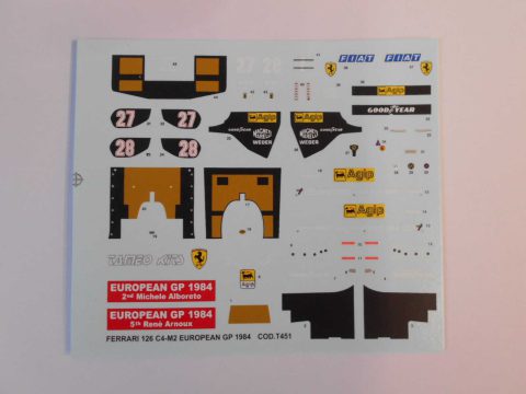 34 Tameo Kits T451 decals per TMK420 Ferrari 126 C4-M2 European GP 1984 1/43